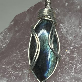 Blue Flash Labradorite Marquis Pendant in Silver Wire